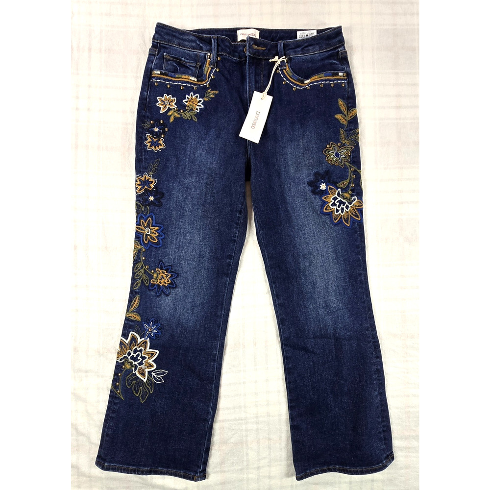 Driftwood Roxy Crop Flare Denim Jeans Embroidered Floral Aztec Dark Wash 30 NWT